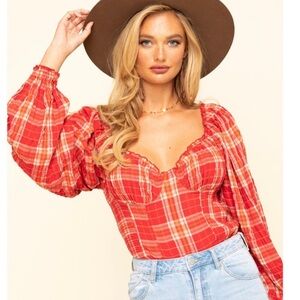 FREE PEOPLE Cherry Bomb Madrass Plaid Top in Red Hot Size Large New